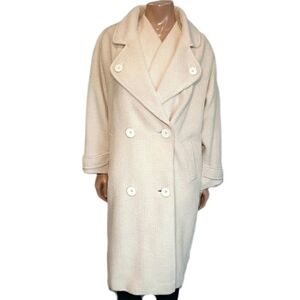 Vintage 80s Oversized Winter Coat Wool Double Breasted Long Trench Cream Ivory